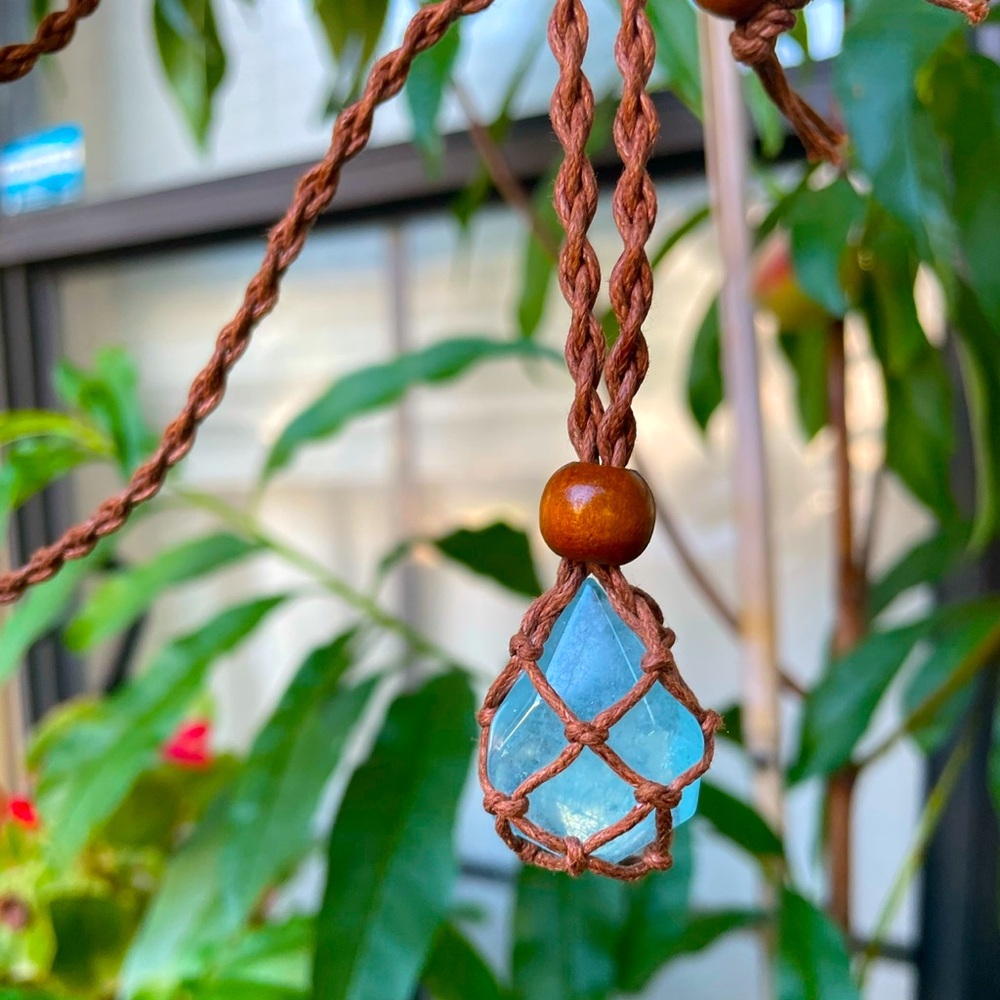 Handmade Gem Grade Aquamarine Crystal Necklace On Adjustable Macrame Cord